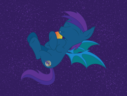 Size: 1032x774 | Tagged: safe, artist:cosmiceclipsed, oc, oc only, oc:stardust, oc:stardust(cosmiceclipse), bat pony, pony, bat pony oc, bat wings, cutie mark, ear fluff, fangs, floating, flying, food, happy, male, mango, membranous wings, purple background, relaxing, simple background, smiling, solo, stallion, vector, vector trace, wings