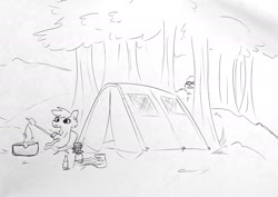 Size: 1657x1173 | Tagged: safe, artist:tjpones, oc, oc:tjpones, earth pony, pony, bigfoot, campfire, camping, food, forest, hoof hold, male, marshmallow, tent, tree