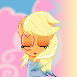 Size: 900x900 | Tagged: safe, artist:cloudyglow, applejack, earth pony, pony, bust, eyes closed, eyeshadow, female, gradient mane, heart, lover, makeup, mare, singing, solo, taylor swift