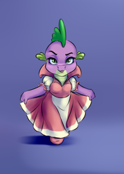 Size: 2000x2792 | Tagged: safe, artist:kittytitikitty, spike, dragon, clothes, crossdressing, dress, looking at you, shoes, simple background