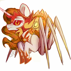 Size: 1032x1024 | Tagged: safe, artist:ebonytails, edit, daybreaker, monster pony, original species, spiderpony, female, looking at you, simple background, solo, species swap