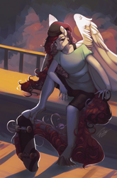 Size: 2193x3327 | Tagged: safe, artist:orfartina, oc, oc only, anthro, unguligrade anthro, beanie, clothes, female, hat, high res, large wings, shorts, skateboard, smiling, solo, wings