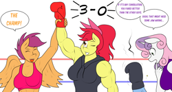 Size: 1280x687 | Tagged: safe, artist:matchstickman, apple bloom, scootaloo, sweetie belle, oc, oc:calm wind, anthro, earth pony, pegasus, unicorn, anthro oc, apple bloomed, apple brawn, armpits, biceps, boobaloo, boxing gloves, boxing ring, breasts, clothes, comic, cutie mark crusaders, deltoids, dialogue, female, injured, male, mare, matchstickman's apple brawn series, muscles, muscular female, older, older apple bloom, older scootaloo, older sweetie belle, simple background, single panel, stallion, sweetie boobs, tumblr comic, tumblr:where the apple blossoms, white background