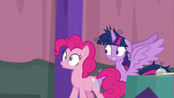 Size: 1280x720 | Tagged: safe, screencap, pinkie pie, twilight sparkle, twilight sparkle (alicorn), alicorn, earth pony, pony, a trivial pursuit, bell, betrayal, betrayed, floppy ears, messy mane, twibitch sparkle, you monster