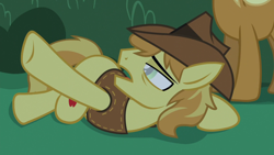 Size: 1920x1080 | Tagged: safe, screencap, apple cobbler, braeburn, earth pony, pony, the summer sun setback, apple family member, bush, canterlot, clothes, cowboy hat, female, hat, helpless, implied tirek, looking at someone, male, offscreen character, prone, underhoof, vest