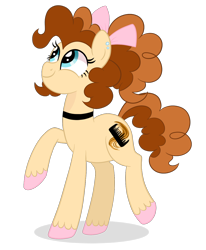 Size: 1078x1307 | Tagged: safe, artist:ashidaii, oc, oc:caramel, earth pony, pony, bow, collar, ear piercing, earring, female, jewelry, mare, offspring, parent:cheese sandwich, parent:pinkie pie, parents:cheesepie, piercing, simple background, solo, transparent background, unshorn fetlocks