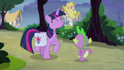 Size: 1920x1080 | Tagged: safe, screencap, spike, twilight sparkle, twilight sparkle (alicorn), alicorn, dragon, a trivial pursuit, bag, happy, saddle bag, tree, winged spike