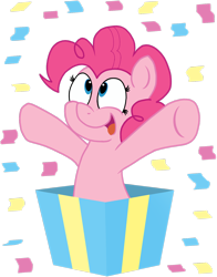 Size: 1490x1899 | Tagged: safe, artist:sketchymouse, pinkie pie, earth pony, pony, box, confetti, cute, diapinkes, female, mare, pony in a box, present, simple background, solo, transparent background