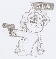 Size: 791x845 | Tagged: safe, artist:ravenpuff, cozy glow, pegasus, pony, cozybetes, cute, female, filly, freckles, gun, pure concentrated unfiltered evil of the utmost potency, smiling, solo, tape, traditional art, weapon