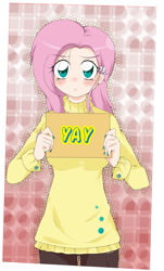 Size: 1037x1713 | Tagged: safe, artist:stalemeat, fluttershy, human, anime, blushing, breasts, clothes, cute, cutie mark accessory, cutie mark earrings, female, flutteryay, hootershy, humanized, nail polish, shyabetes, sign, solo, sweater, sweatershy, yay