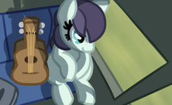 Size: 1080x660 | Tagged: safe, artist:masserey, coloratura, earth pony, pony, cute, female, from above, guitar, mare, musical instrument, overhead view, rarabetes, sitting, solo