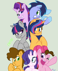 Size: 876x1064 | Tagged: safe, artist:brendalobinha, artist:emeraldjeweltm, oc, oc:ricotta pie, oc:sapphire, oc:stardust, oc:starry sky, oc:sugar bell, oc:thunderwind, alicorn, earth pony, pegasus, pony, unicorn, brother and sister, female, group, male, mare, next generation, offspring, parent:cheese sandwich, parent:fancypants, parent:flash sentry, parent:pinkie pie, parent:rainbow dash, parent:rarity, parent:soarin', parent:starlight glimmer, parent:sunburst, parent:twilight sparkle, parents:cheesepie, parents:flashlight, parents:raripants, parents:soarindash, parents:starburst, pony pile, siblings, sisters, stallion, tower of pony