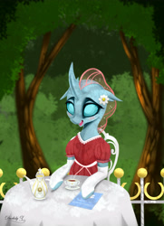 Size: 3250x4500 | Tagged: safe, artist:darksly, ocellus, changedling, changeling, blushing, clothes, commission, cute, diaocelles, dress, female, flower, food, outdoors, solo, table, tea, tea party, teacup, teapot