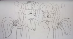 Size: 4881x2637 | Tagged: safe, artist:徐詩珮, oc, oc:spring legrt, oc:vesty sparkle, alicorn, pony, unicorn, alicorn oc, angry, female, implied incest, implied lesbian, implied shipping, lineart, love triangle, magical lesbian spawn, mare, next generation, offspring, offspring shipping, parent:flash sentry, parent:glitter drops, parent:spring rain, parent:twilight sparkle, parents:flashlight, parents:springdrops, traditional art