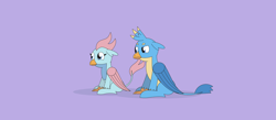 Size: 5840x2550 | Tagged: safe, artist:gd_inuk, gallus, ocellus, changedling, changeling, griffon, cute, diaocelles, disguise, disguised changeling, duo, female, floppy ears, gallabetes, gallus is not amused, griffonized, happy, high res, male, purple background, simple background, sitting, species swap, unamused