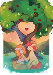 Size: 1320x1879 | Tagged: safe, artist:pinweena30, bright mac, pear butter, earth pony, pony, season 7, the perfect pear, apple, apple tree, brightbutter, cowboy hat, female, food, happy, hat, heart, intertwined trees, looking at each other, love, male, mare, pear tree, romantic, shipping, straight, tree