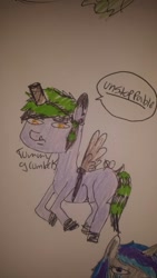 Size: 720x1280 | Tagged: safe, artist:ask-tummy-grumbles, oc, oc only, oc:tummy grumbles, earth pony, pony, chest mouth, fake wings, male, solo, stallion, toilet paper roll, toilet paper roll horn, traditional art