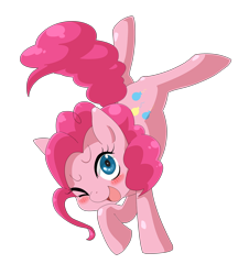 Size: 2852x3154 | Tagged: safe, artist:ino, pinkie pie, earth pony, pony, blushing, cute, diapinkes, handstand, high res, on front legs, one eye closed, open mouth, pixiv, simple background, solo, transparent background, upside down, wink