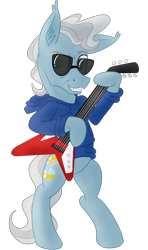 Size: 1300x2200 | Tagged: safe, artist:sixes&sevens, doctor whooves, bat pony, clothes, doctor who, flying v, guitar, hoodie, musical instrument, simple background, sunglasses, transparent background, twelfth doctor