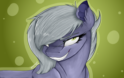 Size: 5000x3150 | Tagged: safe, artist:feathershine1, limestone pie, pony, abstract background, absurd resolution, bust, green background, grin, hair over one eye, lidded eyes, looking at you, portrait, simple background, smiling, solo