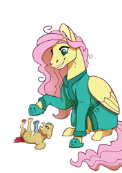 Size: 2480x3508 | Tagged: safe, artist:jackiebloom, fluttershy, oc, oc:felix genimen, hippogriff, hybrid, pegasus, pony, bathrobe, behaving like a cat, clothes, female, interspecies offspring, lesbian, magical lesbian spawn, male, mother and child, mother and son, offspring, parent and child, parent:fluttershy, parent:gilda, parents:gildashy, robe, simple background, slippers, transparent background