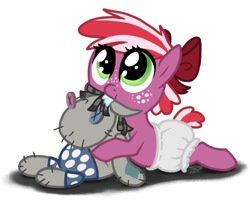 Size: 958x780 | Tagged: safe, artist:psponyartist, smarty pants, oc, oc:red june, pony, baby, baby pony, bow, cute, dawwww, diaper, drool, female, filly, foal, freckles, hair bow, kilalaverse, ocbetes, offspring, parent:big macintosh, parent:cheerilee, parents:cheerimac, simple background, solo, white background