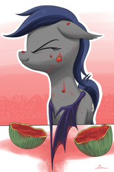 Size: 966x1454 | Tagged: safe, artist:stoic5, oc, oc only, oc:echo, bat pony, pony, /mlp/, abstract background, bat pony oc, eyes closed, female, food, karate, mare, requested art, scrunchy face, solo, watermelon