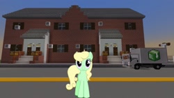 Size: 1334x750 | Tagged: safe, artist:90sigma, edit, editor:topsangtheman, apple honey, apple tarty, earth pony, pony, apple family member, house, looking at you, minecraft, solo, sunset, truck