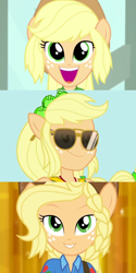 Size: 1062x2125 | Tagged: safe, edit, screencap, applejack, a case for the bass, better together, equestria girls, holidays unwrapped, rollercoaster of friendship, crystal guardian, cute, hair, jackabetes, photo booth, ponied up, sliding background, smiley face, solo, sunglasses, super ponied up, winter break-in