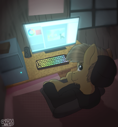 Size: 733x790 | Tagged: safe, artist:almond evergrow, oc, oc only, oc:almond evergrow, earth pony, pony, artist, computer, digital art, keyboard, looking at you, looking back, looking back at you, male, nutty, perspective, smiling, solo, stallion