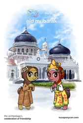 Size: 1080x1593 | Tagged: safe, artist:alphatea, oc, oc:nuning, oc:salasika, pony, bipedal, clothes, crown, dress, eid al-fitr, hijab, indonesia, islam, jewelry, mosque, nusaponycon, regalia