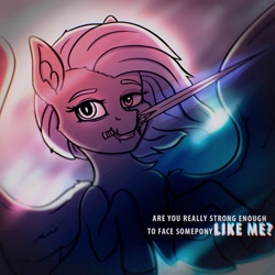 Size: 1920x1920 | Tagged: safe, artist:silverst, oc, oc only, oc:silver dust, pony, demonic, female, light blue hair, mare, mouth hold, pegasus oc, purple eyes, redraw, solo, sword, weapon, wings