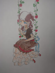 Size: 900x1200 | Tagged: safe, artist:laceymod, oc, oc:lovelace, human, clothes, female, flower, human female, humanized, ponytail, shoes, skirt, solo, traditional art, wings