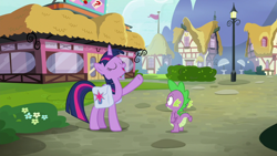 Size: 1920x1080 | Tagged: safe, screencap, spike, twilight sparkle, twilight sparkle (alicorn), alicorn, dragon, a trivial pursuit, bag, saddle bag, winged spike