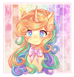 Size: 2500x2624 | Tagged: safe, artist:shimayaeiko, oc, oc only, pony, unicorn, bow, bust, curved horn, female, horn, mare, smiling, solo, wingding eyes