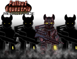 Size: 2786x2153 | Tagged: safe, artist:amalgamzaku, oc, oc only, earth pony, pony, fallout equestria, fallout equestria: resistance, abstract background, armor, commission, fanfic, fanfic art, glowing eyes, gun, hooves, looking at you, power armor, silhouette, steel ranger, weapon