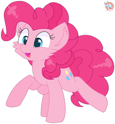 Size: 1053x1129 | Tagged: safe, artist:rainbow eevee, pinkie pie, earth pony, pony, blue background, cheek fluff, cute, cutie mark, diapinkes, eyelashes, female, mare, open mouth, raised hoof, simple background, smiling, solo, transparent background, vector