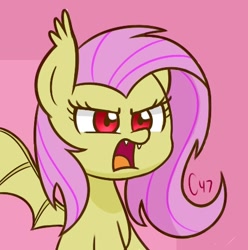 Size: 451x454 | Tagged: safe, artist:handgunboi, fluttershy, bat pony, bat ponified, bat wings, fangs, female, flutterbat, open mouth, pink background, race swap, simple background, solo, wings