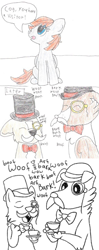 Size: 450x1133 | Tagged: safe, artist:ask-dynamosparks, artist:askwinonadog, winona, oc, oc:dynamo sparks, dog, pegasus, collaboration, ask winona, bowler hat, bowtie, corgi, cup, facial hair, fake moustache, female, hat, mare, mixed media, monocle, moustache, pet oc, teacup, top hat, traditional art