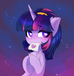 Size: 1972x2024 | Tagged: safe, artist:empress-twilight, twilight sparkle, unicorn twilight, pony, unicorn, alternate hairstyle, blushing, chest fluff, cute, daaaaaaaaaaaw, ear fluff, eyebrows visible through hair, female, heart, heart eyes, hooves together, i can't believe it's not magnaluna, mare, mouth hold, paper, solo, style emulation, twiabetes, wingding eyes