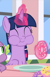 Size: 614x939 | Tagged: safe, screencap, spike, twilight sparkle, twilight sparkle (alicorn), alicorn, dragon, the ending of the end, chewing, chipmunk cheeks, cropped, cute, donut, eating, food, glowing horn, happy, horn, levitation, magic, offscreen character, puffy cheeks, solo focus, telekinesis, twiabetes