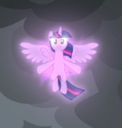Size: 308x322 | Tagged: safe, screencap, twilight sparkle, twilight sparkle (alicorn), alicorn, pony, the ending of the end, cloud, cropped, dark clouds, floating, magic, magic aura, smiling, solo, spread wings, wings