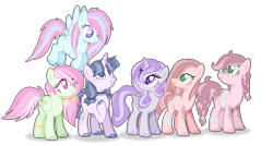 Size: 2704x1452 | Tagged: safe, artist:6-fingers-lover, oc, oc only, earth pony, pegasus, pony, unicorn, base used, female, magical lesbian spawn, mare, offspring, parent:applejack, parent:fluttershy, parent:pinkie pie, parent:rainbow dash, parent:rarity, parent:twilight sparkle, parents:applepie, parents:flutterdash, parents:rarilight, simple background, transparent background