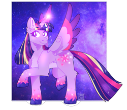 Size: 1377x1200 | Tagged: safe, artist:sensh-ii, twilight sparkle, twilight sparkle (alicorn), alicorn, cloven hooves, colored hooves, colored wings, colored wingtips, female, galaxy, glowing horn, horn, mare, multicolored hair, rainbow power, raised hoof, signature, smiling, solo, space, speedpaint available, spread wings, unshorn fetlocks, wings