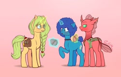 Size: 1280x815 | Tagged: safe, artist:soulfulmirror, oc, oc only, oc:clypeus, oc:cyanus blues, oc:honey nevaeh, changedling, changeling, pony, unicorn, afro, bag, box of chocolates, braid, changeling oc, choker, female, glasses, magic, mare, pink background, saddle bag, simple background, telekinesis