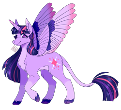 Size: 1458x1322 | Tagged: safe, artist:sensh-ii, twilight sparkle, twilight sparkle (alicorn), alicorn, cloven hooves, colored wings, colored wingtips, eyebrows visible through hair, leonine tail, looking at you, redesign, signature, simple background, smiling, socks (coat marking), solo, speedpaint available, spread wings, transparent background, wings