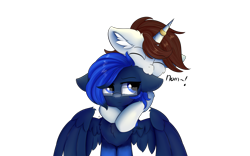 Size: 2000x1250 | Tagged: safe, artist:lunar froxy, oc, oc only, oc:archer eclipse, oc:metronome circuit, pegasus, pony, unicorn, annoyed, biting, cheek fluff, chest fluff, ear bite, ear fluff, female, fluffy, glasses, horn, horn ring, male, mare, nom, simple background, socks (coat marking), stallion, transparent background