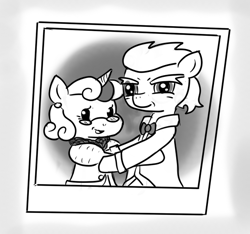Size: 640x600 | Tagged: safe, artist:ficficponyfic, part of a series, part of a set, oc, oc:hard tack, earth pony, unicorn, bowtie, bushy brows, clothes, couple, curly hair, cyoa, cyoa:madness in mournthread, elderly, embrace, formal wear, glasses, looking at you, monochrome, mystery, pearl earrings, photo, scarf, smiling, story included, wrinkles
