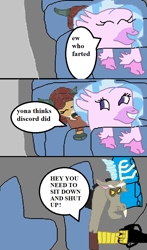Size: 576x982 | Tagged: safe, artist:1126jewel5, discord, silverstream, yona, classical hippogriff, draconequus, hippogriff, yak, 1000 hours in ms paint, angry, bus, comic, driving, female, implied farting, male