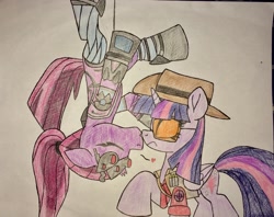 Size: 2048x1618 | Tagged: safe, artist:ejlightning007arts, tempest shadow, twilight sparkle, twilight sparkle (alicorn), alicorn, pony, unicorn, crossover, female, hand drawing, hat, kissing, lesbian, overwatch, ponytail, rope, shipping, sniper, sunglasses, suprised look, team fortress 2, tempestlight, traditional art, twilight sniper, upside down, upside down kiss, widowmaker, widowtempest
